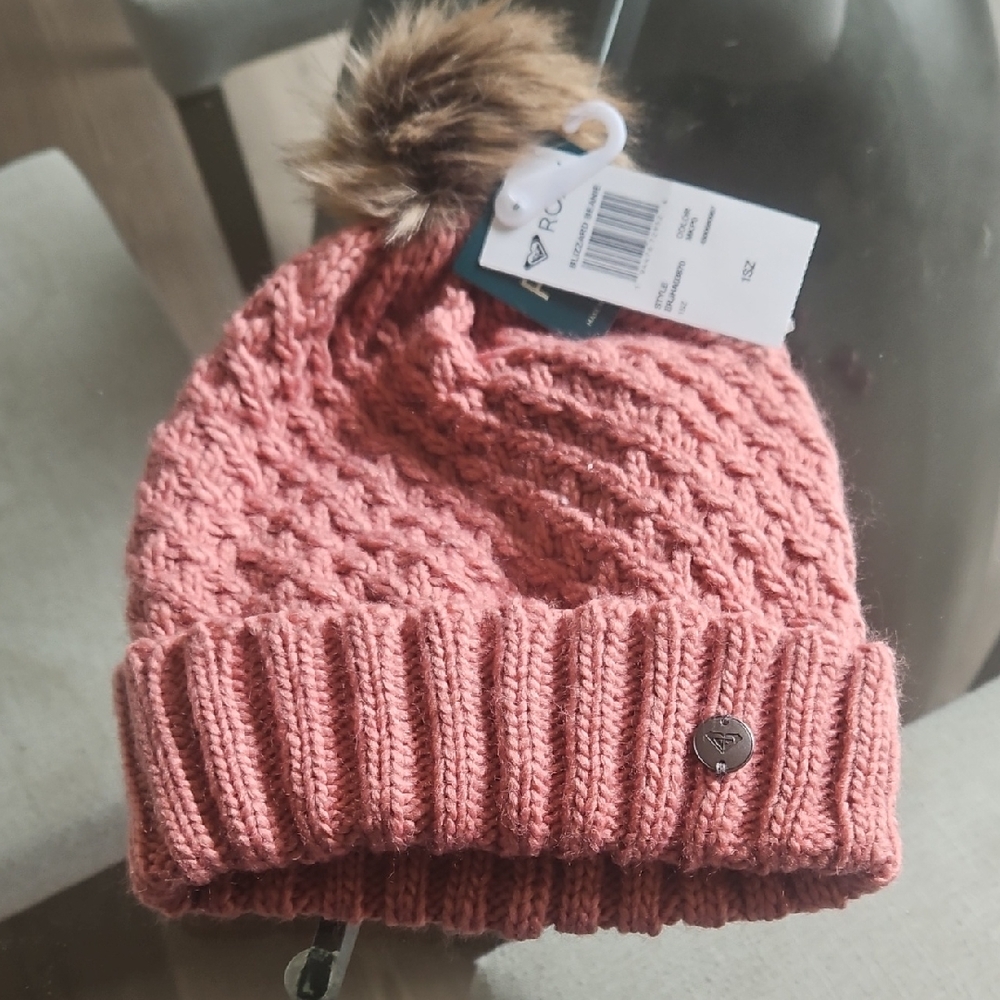 Roxy Coral Knit Beanie with Faux Fur Pom-Pom